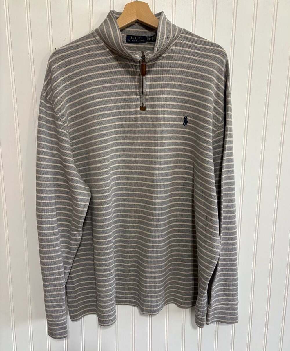 Polo Ralph Lauren Grey and White Striped Quarter-Zip Pullover Sweater
